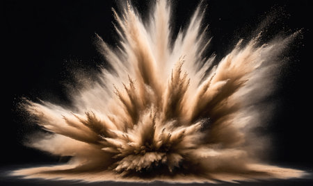 A large cloud of sand explodes against a black background, captured in mid-airの素材