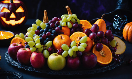 A Halloween fruit platter with grapes, oranges, and applesの素材