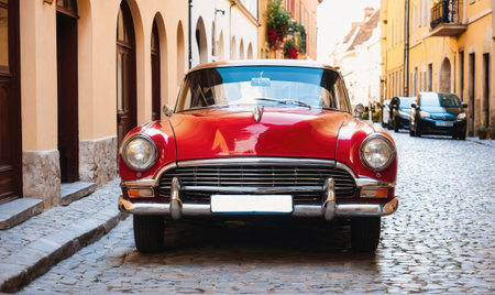 A red vintage car is parked on a cobblestone street in a European cityの素材