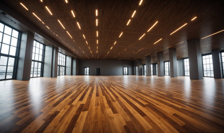 A large, empty room with hardwood floors and large windowsの素材