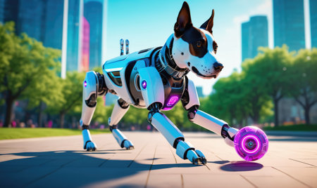 A robotic dog chases a glowing purple disc in a city parkの素材