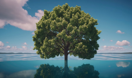 A large, green tree stands tall in the middle of a body of water, its branches reaching towards the blue skyの素材