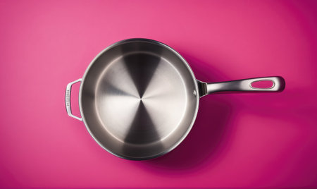 A shiny, empty skillet sits on a pink surface, ready for cookingの素材