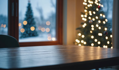 A wooden table sits in front of a window with a snowy scene outside. A Christmas tree with lights is visible in the backgroundの素材