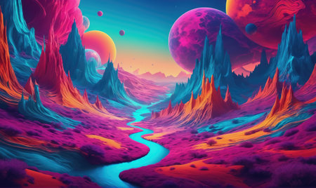 A winding river flows through a colorful valley on an alien planet, surrounded by tall, vibrant mountains and a pink moon in the skyの素材
