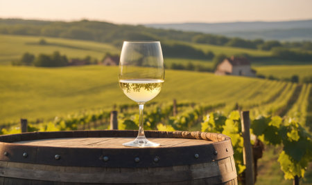A glass of white wine sits atop a wooden barrel in a vineyardの素材