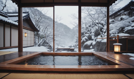 A steaming hot tub sits inside a traditional Japanese home overlooking a snowy mountain landscapeの素材