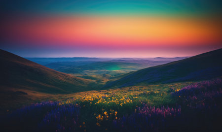 A colorful sunrise over the mountains, casting a soft glow on the wildflowers belowの素材