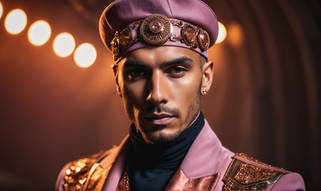 A man in a pink beret and blazer looks intensely at the camera in front of a background of warm lightsの素材