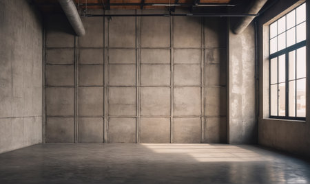 A large, empty room with concrete walls and a large windowの素材