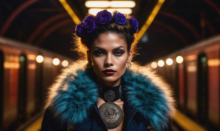 A woman with dark makeup and a flower crown stands in a subway station, looking directly at the cameraの素材