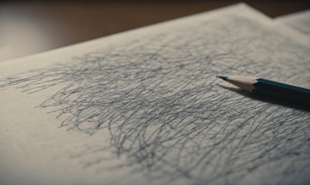 A pencil rests on a page covered in scribbles, capturing a moment of contemplation and creativityの素材