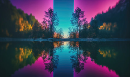 A serene lake with a vibrant purple and blue sky reflected in the waterの素材