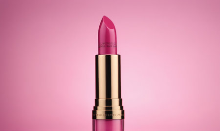 A pink lipstick tube stands upright against a pink backgroundの素材