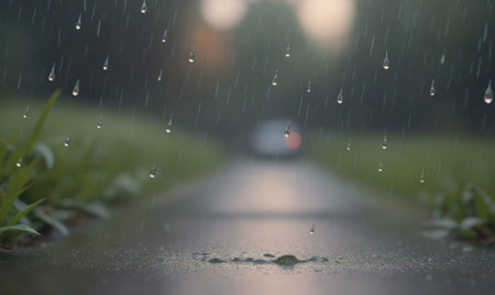 Rain falls on a paved path and grass in a suburban neighborhoodの素材