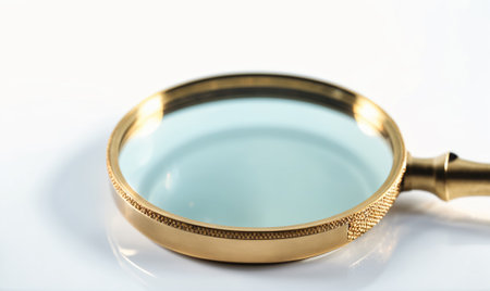 A gold magnifying glass rests on a white surface, its lens reflecting the lightの素材