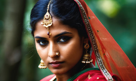A woman in a red sari and ornate jewelry looks directly at the camera, her dark eyes holding a mysterious gazeの素材