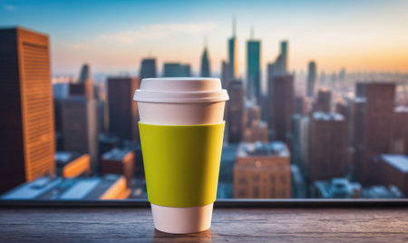 A coffee cup sits on a windowsill, overlooking the New York City skyline at sunriseの素材