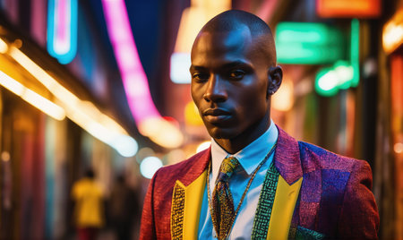 A man in a colorful suit stands in front of bright lights on a city street at nightの素材