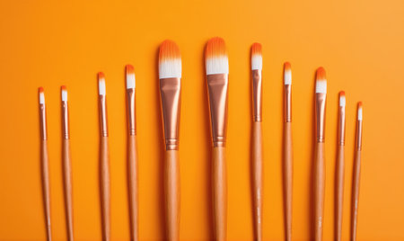A set of paintbrushes of varying sizes are arranged on an orange backgroundの素材