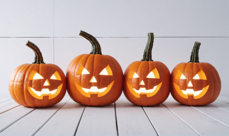 Four lit jack-o-lanterns sit on a white wooden table, ready for Halloweenの素材