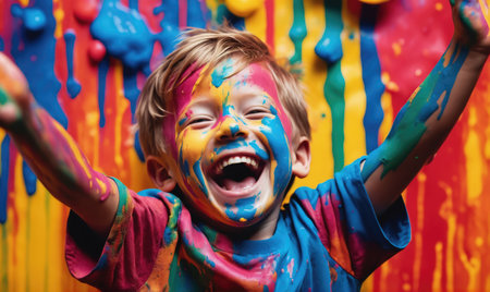 A young boy laughs while covered in colorful paint in front of a vibrant wallの素材