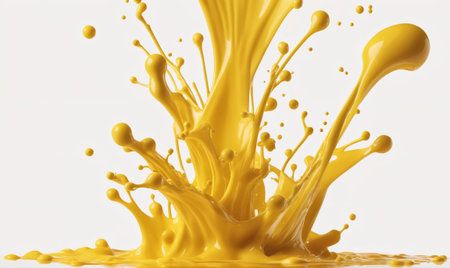 Yellow paint splatters in a dramatic burst against a white backgroundの素材