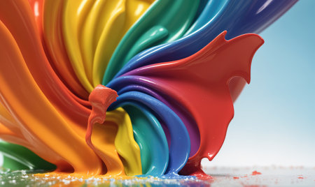 A close-up of colorful paint swirling on a white surfaceの素材