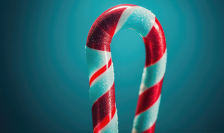 A red and white candy cane is photographed against a blue backgroundの素材