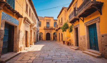A narrow, cobblestone street winds through a historic neighborhood, lined with yellow buildings and vibrant blue doorsの素材