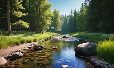 A clear, blue stream flows through a lush forest on a sunny dayの素材