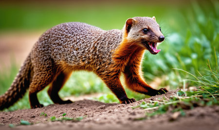 A brown and grey mongoose walks on the ground, mouth open, with green grass in the backgroundの素材