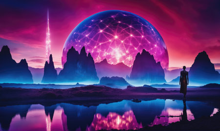 A lone figure stands in an alien landscape, gazing at a giant, glowing orb in the skyの素材