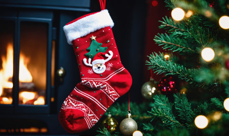 A red stocking hangs by the fireplace, ready for Christmas morningの素材