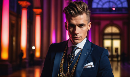 A man in a blue suit stands in front of pillars, looking at the cameraの素材