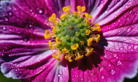 A close-up of a pink and purple flower with yellow pollen and dew drops on the petalsの素材