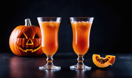 Two glasses of pumpkin spice cocktails with ice sit on a black surface in front of a carved pumpkinの素材