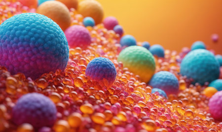 A close-up of colorful spheres nestled amongst a bed of smaller spheresの素材