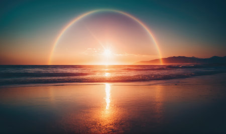 A rainbow arches over the ocean as the sun sets, creating a breathtaking sceneの素材