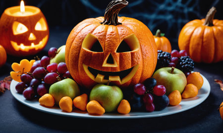 A carved pumpkin sits on a plate of fruit, ready for a spooky Halloween celebrationの素材