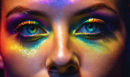 A close-up of a persons eyes with vibrant rainbow eyeshadowの素材