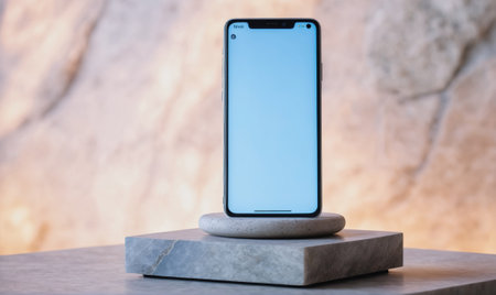 A smartphone is charging on a wireless charging pad, sitting on a marble surfaceの素材