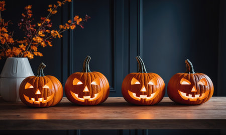 Four lit jack-o-lanterns sit on a wooden table against a dark backgroundの素材
