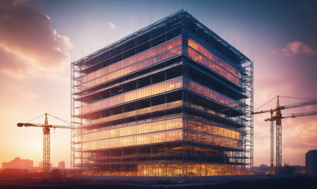 A large building is under construction at sunset with two cranes working on the projectの素材