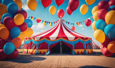 A colorful circus tent with red and white stripes stands ready for the show, with balloons floating in the air aboveの素材