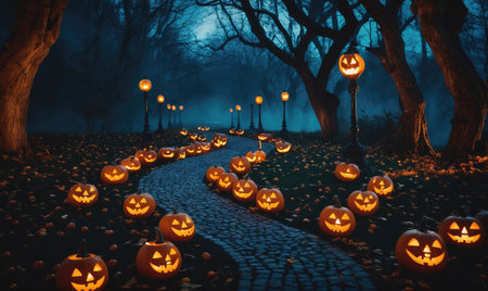 A path lined with lit jack-o-lanterns winds through a foggy forest at nightの素材