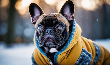 A French Bulldog wearing a yellow and blue jacket stands in the snowの素材