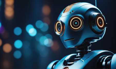 A close-up of a robots head, with glowing eyes, set against a backdrop of blue and orange bokeh lightsの素材