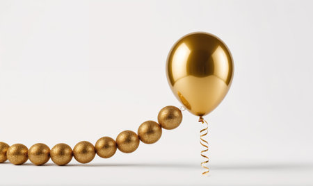 A gold balloon hovers over a line of gold spheres on a white backgroundの素材