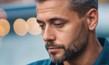 A man with a beard looks down while sitting in a cafeの素材